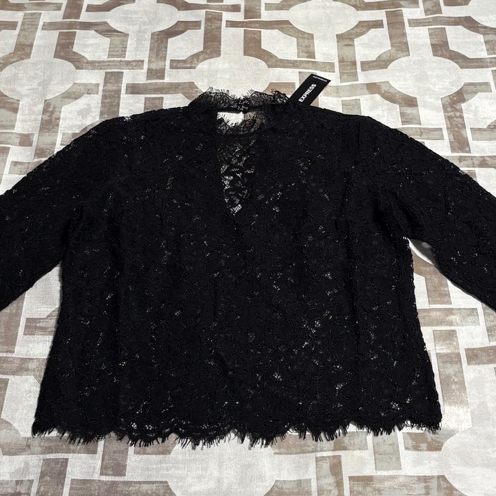 NEW Express Petite Black Mock Neck Lace Top, Size XXS Petite
